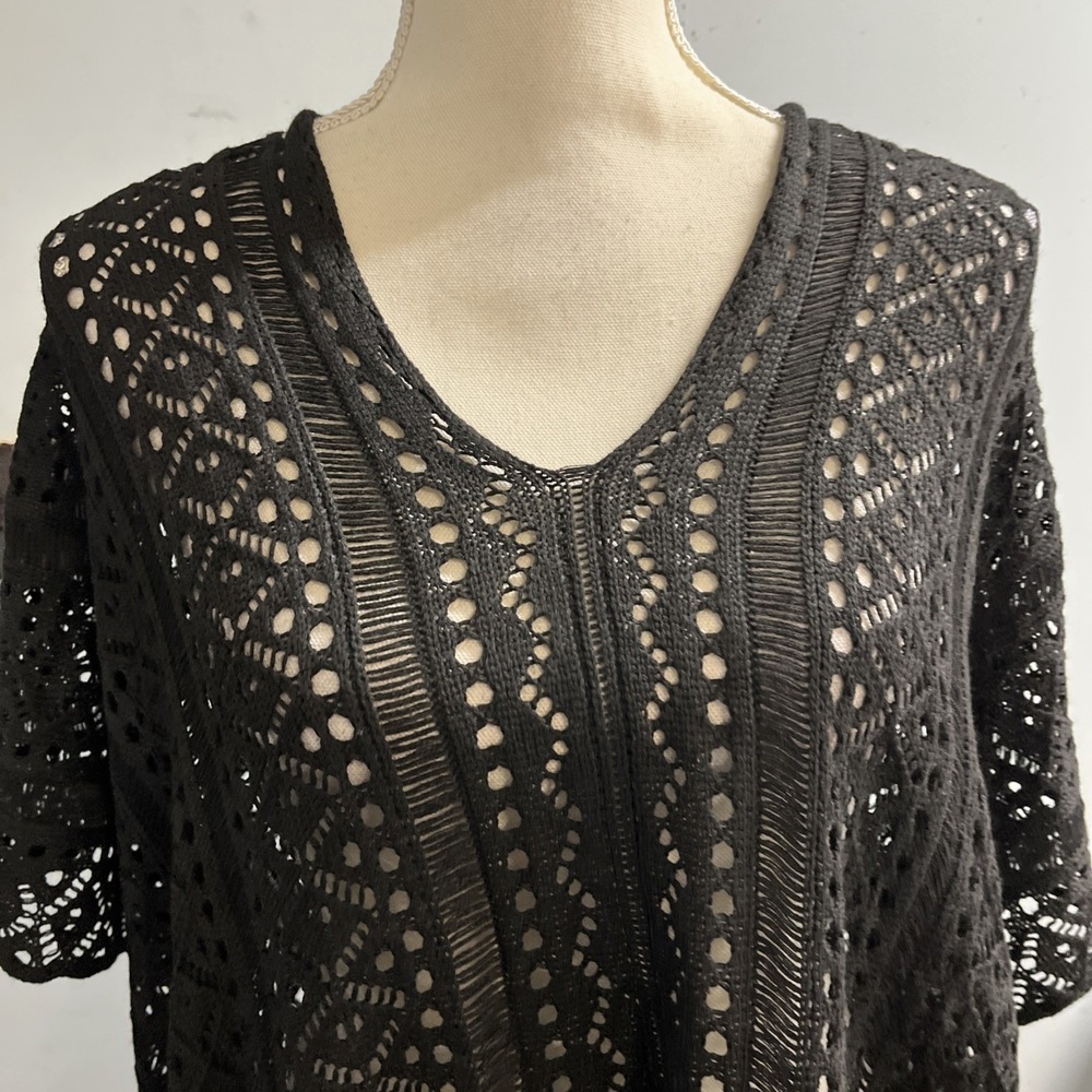 Black Open Knit Poncho Asymmetrical Tie Sides Dark Cottagecore Boho One Size - Picture 4 of 9